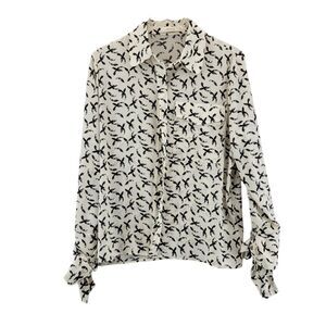 Aeron Long Sleeve Blouse‎ Size Large (40) Ivory Black Print Tie Cuffs Semi-Sheer